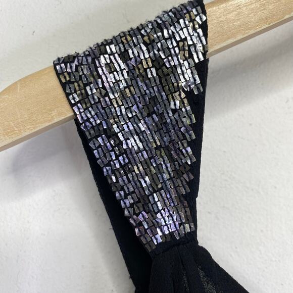 Vintage NOIR Silk Sequin Cocktail Dress Black Silver Midi Size S 90s Retro Glam - Picture 4 of 10